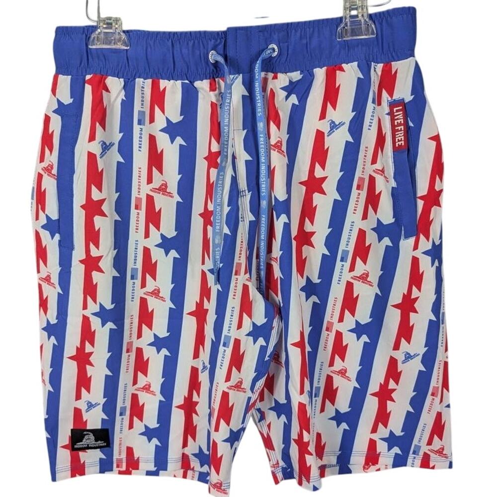 Freedom Industries Board Shorts Mens 34 Red White Blue Striped Swim Trunks USA